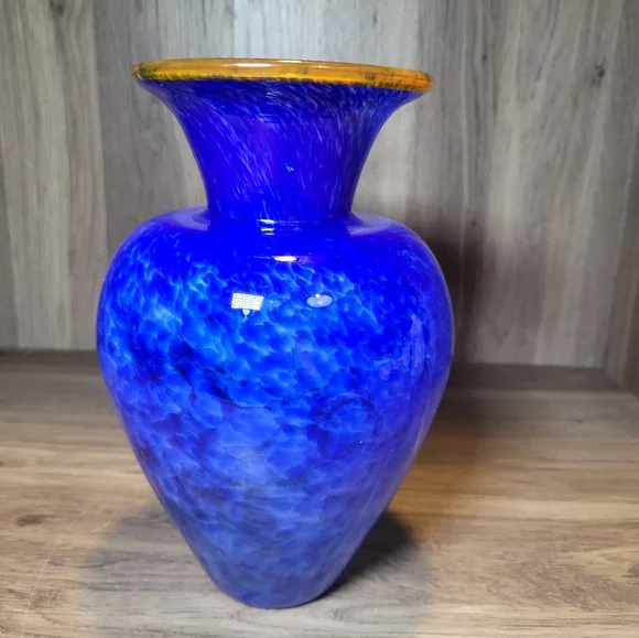 Hand Blown Glass Vase Vibrant Blue White Speckled Yellow Brim Art Glass - Picture 6 of 13